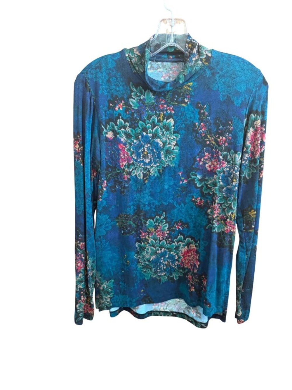 Johnny Was Floral Mock Neck Long Sleeve Top Blue Multicolor Bamboo Viscose Blend